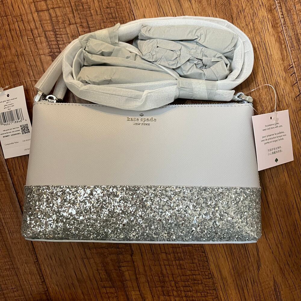 Kate Spade New York Flash Silver Crossbody Sparkled Glitter Leather Bag Chic NWT - Picture 2 of 10